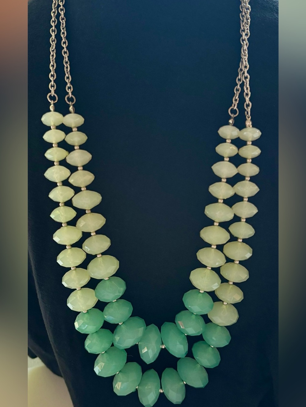 Faceted Mint Green Ombre Double Strand Statement Necklace, Silver Tone Chain 24”